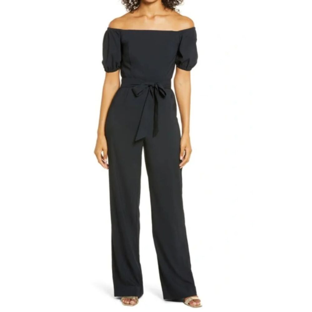 Lilly Pulitzer Jada jumpsuit puff sleeve off the shoulder black sz 4